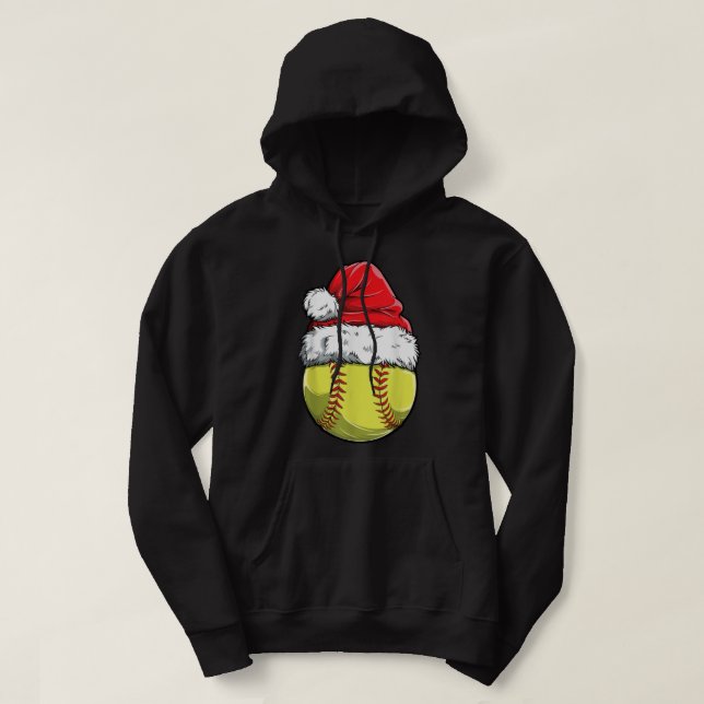 Christmas Softball Ball Santa Hat Xmas Girls Catch Hoodie (Design Front)