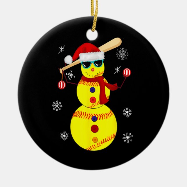 Christmas Softball Bat Snowman Santa Snowflake Ceramic Ornament (Front)