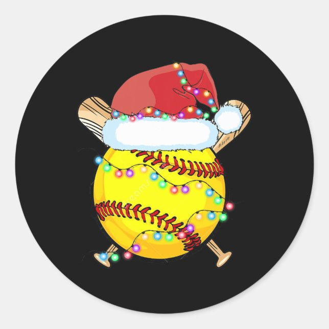 Christmas Softball Santa Hat Reindeer Lights Xmas  Classic Round Sticker (Front)