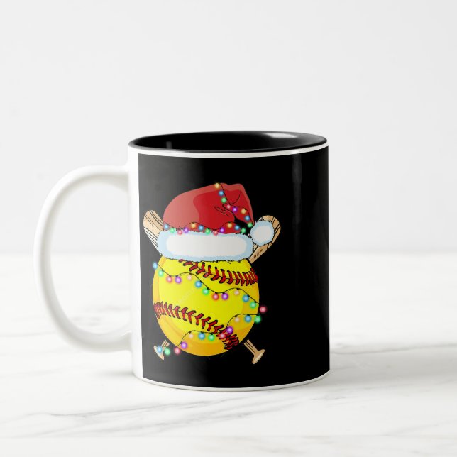 Christmas Softball Santa Hat Reindeer Lights Xmas  Two-Tone Coffee Mug (Left)