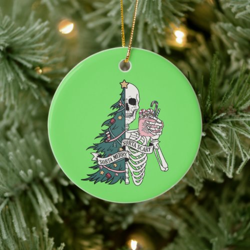 Christmas Sorta Scary Sorta Merry Skeleton Tree Ceramic Ornament