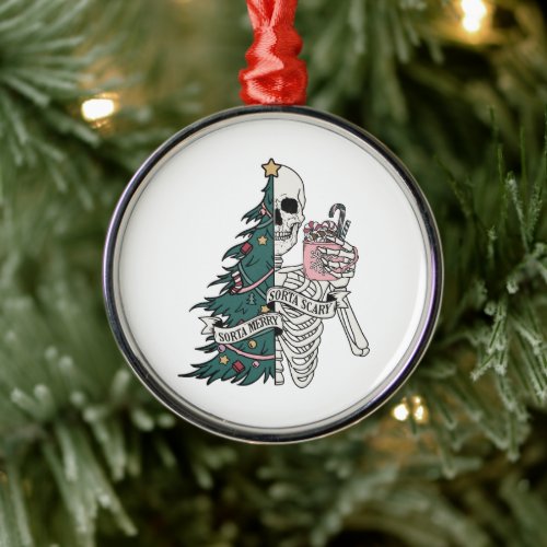 Christmas Sorta Scary Sorta Merry Skeleton Tree Metal Ornament