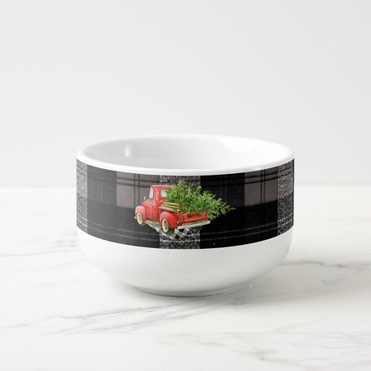 Christmas Soup Bowl Red XMAS Truck Plaid Zazzle