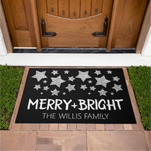 Christmas Sparkle Stars Merry bright Family name Doormat