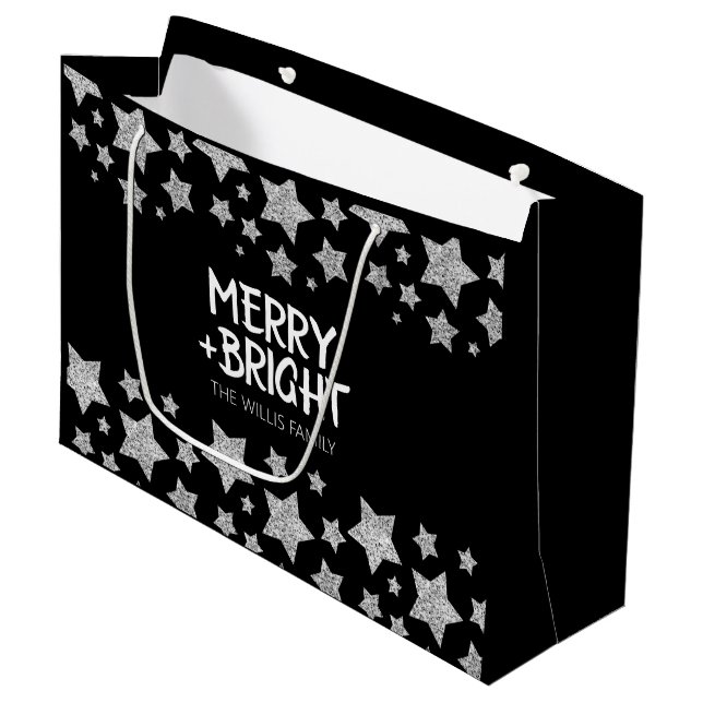 Christmas Sparkle Stars Merry bright Family name Large Gift Bag (Front Angled)