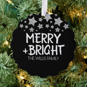 Christmas Sparkle Stars Merry bright Family name Ornament Card