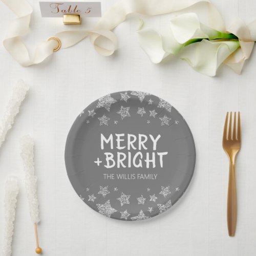 Christmas Sparkle Stars Merry bright Family name Paper Plates