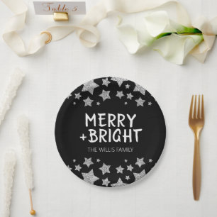 Christmas Sparkle Stars Merry bright Family name Paper Plates