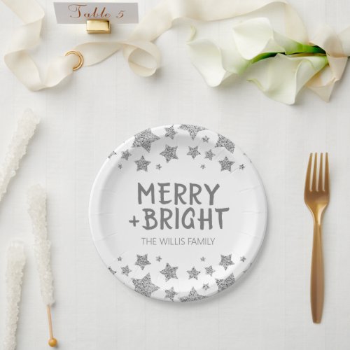 Christmas Sparkle Stars Merry bright Family name Paper Plates