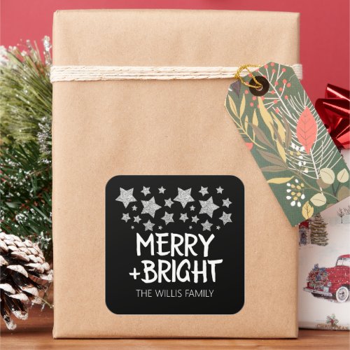 Christmas Sparkle Stars Merry bright Family name Square Sticker