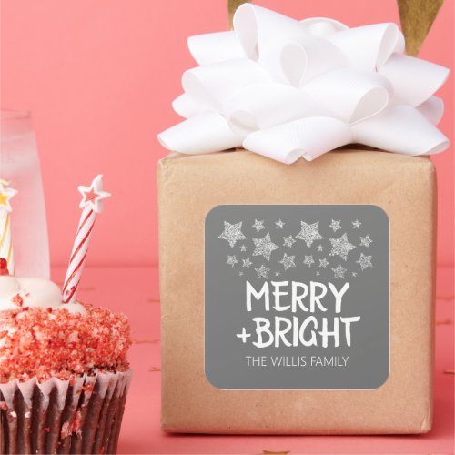 Christmas Sparkle Stars Merry bright Family name Square Sticker