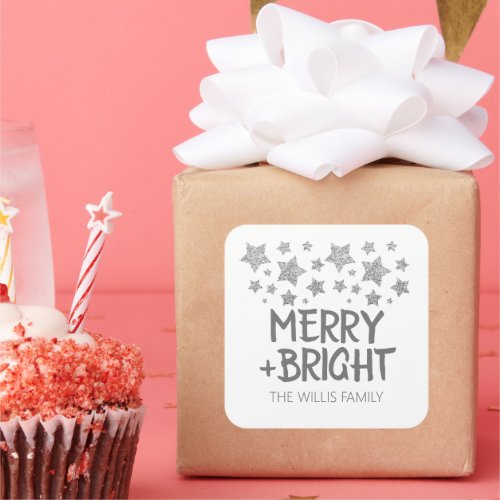 Christmas Sparkle Stars Merry bright Family name Square Sticker