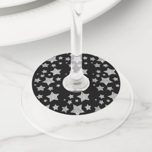 Christmas Sparkle Stars silver pattern on black Wine Glass Tag