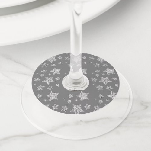 Christmas Sparkle Stars silver pattern on gray Wine Glass Tag
