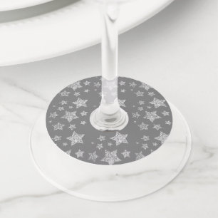 Christmas Sparkle Stars silver pattern on gray Wine Glass Tag