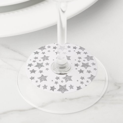 Christmas Sparkle Stars silver pattern on white Wine Glass Tag