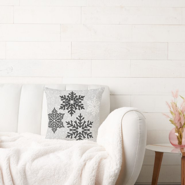 Christmas Sparkling Black and White Snowflakes Throw Pillow (Couch)