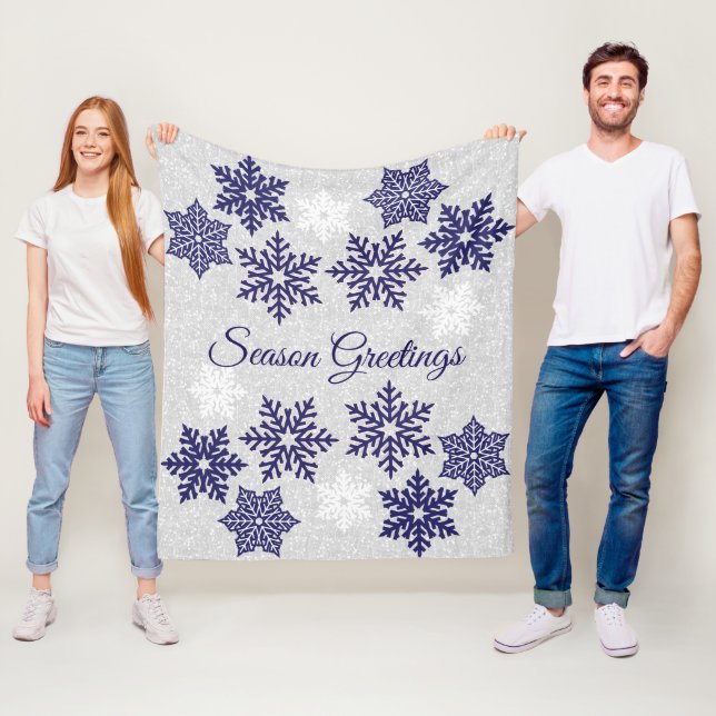 Christmas Sparkling Navy Blue Snowflakes Fleece Blanket (In Situ)