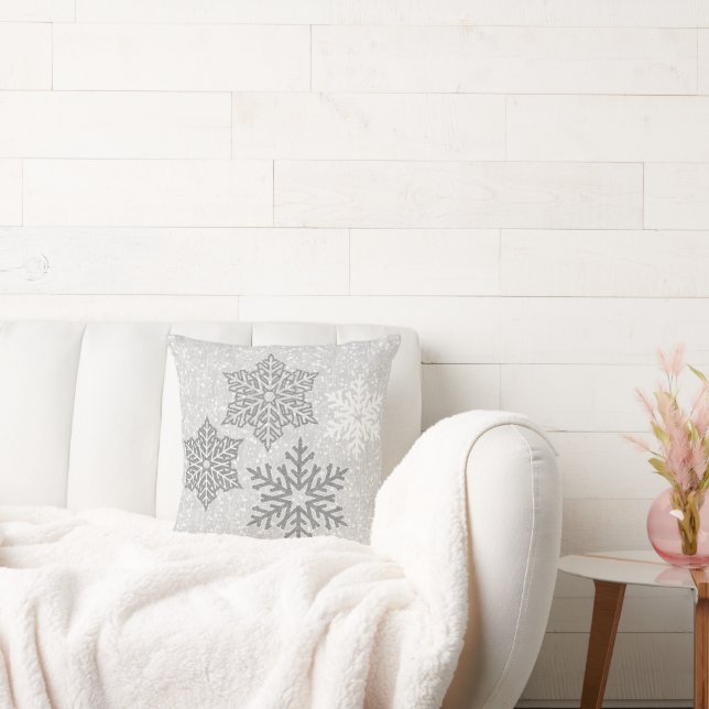 Christmas Sparkling Silver Gray & White Snowflakes Throw Pillow (Couch)