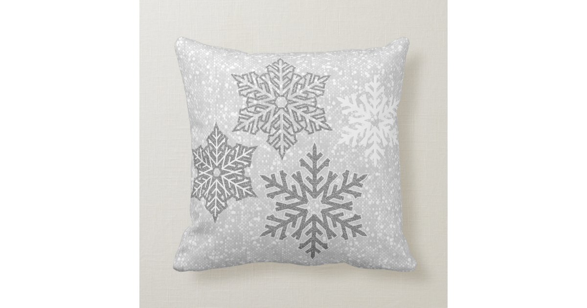 Christmas Sparkling Silver Gray & White Snowflakes Throw Pillow