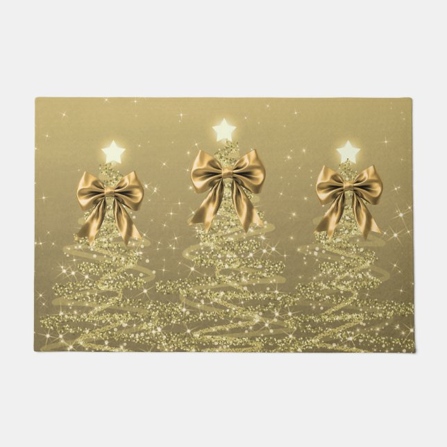 Christmas Sparkling Trees Gold Faux Bow  Doormat (Front)