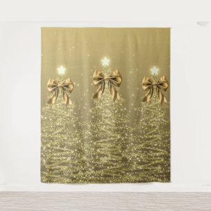 Christmas Sparkling Trees Gold Faux Bow  Tapestry