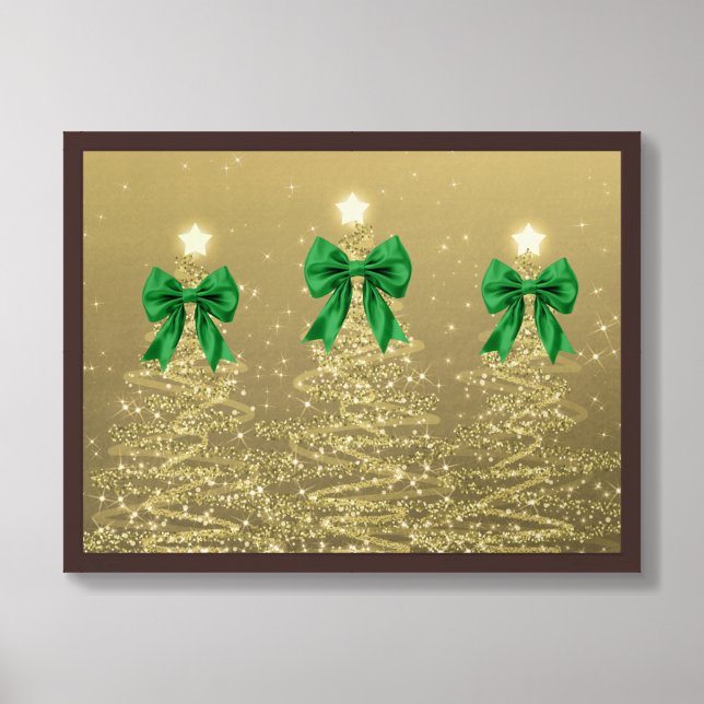 Christmas Sparkling Trees Gold Faux Green Bow  Framed Art (Framed Front)