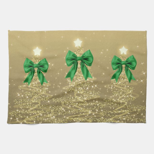 Christmas Sparkling Trees Gold Faux Green Bow  Kitchen Towel (Horizontal)