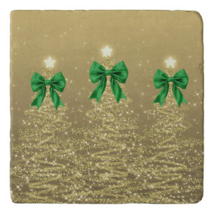 Christmas Sparkling Trees Gold Faux Green Bow Trivet