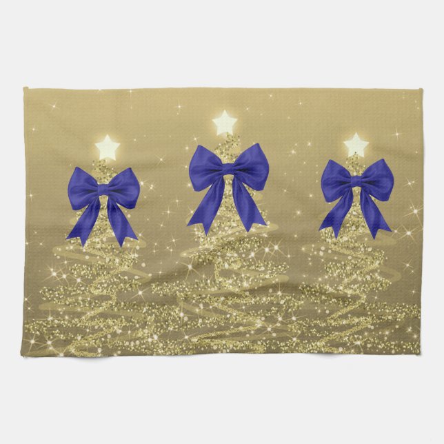 Christmas Sparkling Trees Gold Faux Navy Bow  Kitchen Towel (Horizontal)