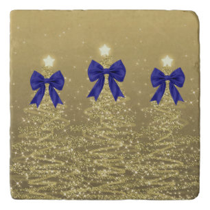 Christmas Sparkling Trees Gold Faux Navy Bow Trivet