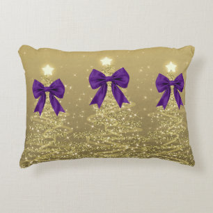 Christmas Sparkling Trees Gold Faux Purple Bow Accent Pillow
