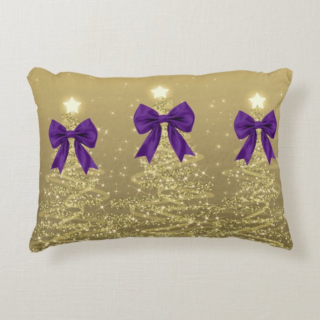 Christmas Sparkling Trees Gold Faux Purple Bow  Accent Pillow (Front)