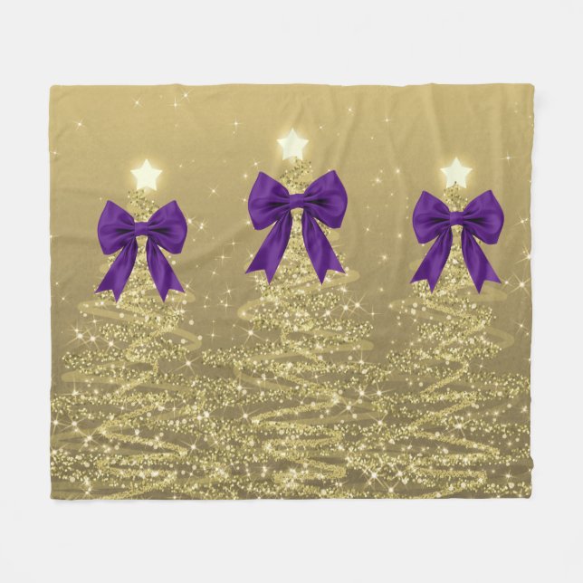 Christmas Sparkling Trees Gold Faux Purple Bow  Fleece Blanket (Front (Horizontal))
