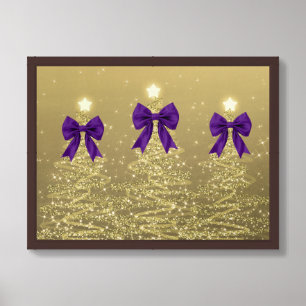 Christmas Sparkling Trees Gold Faux Purple Bow Framed Art