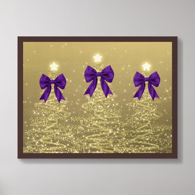 Christmas Sparkling Trees Gold Faux Purple Bow  Framed Art (Framed Front)