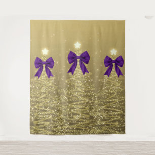 Christmas Sparkling Trees Gold Faux Purple Bow  Tapestry