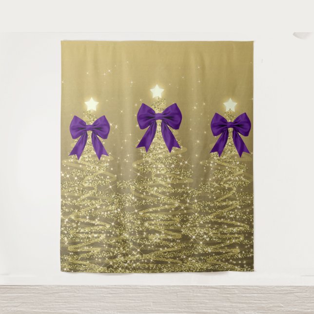 Christmas Sparkling Trees Gold Faux Purple Bow  Tapestry (Front)