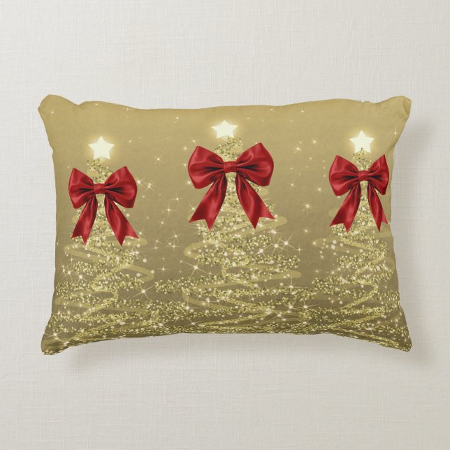 Christmas Sparkling Trees Gold Faux Red Bow  Accent Pillow (Front)