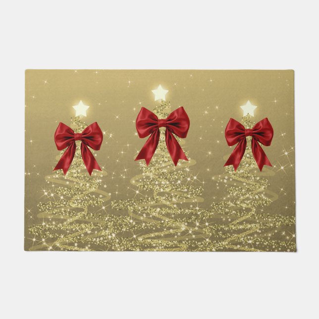 Christmas Sparkling Trees Gold Faux Red Bow  Doormat (Front)