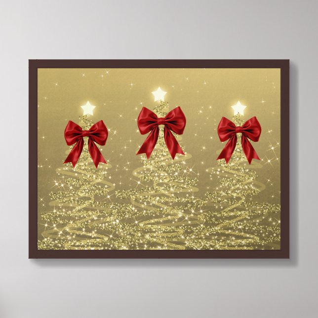 Christmas Sparkling Trees Gold Faux Red Bow  Framed Art (Framed Front)