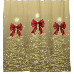 Christmas Sparkling Trees Gold Faux Red Bow Shower Curtain