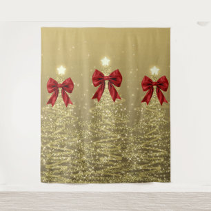 Christmas Sparkling Trees Gold Faux Red Bow Tapestry