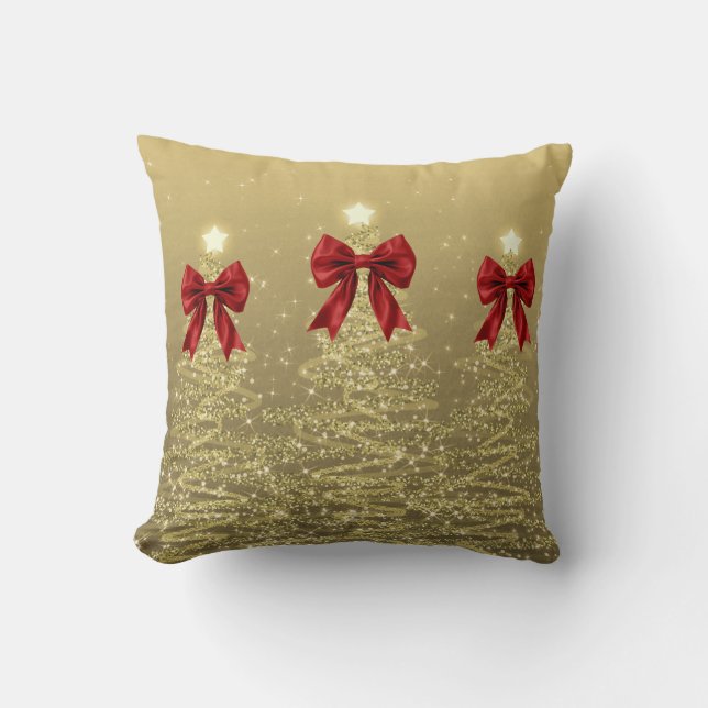 Christmas Sparkling Trees Gold Faux Red Bow Throw Pillow (Front)