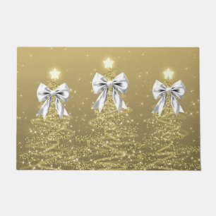 Christmas Sparkling Trees Gold Faux Silver Bow Doormat