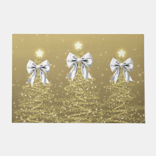 Christmas Sparkling Trees Gold Faux Silver Bow  Doormat (Front)