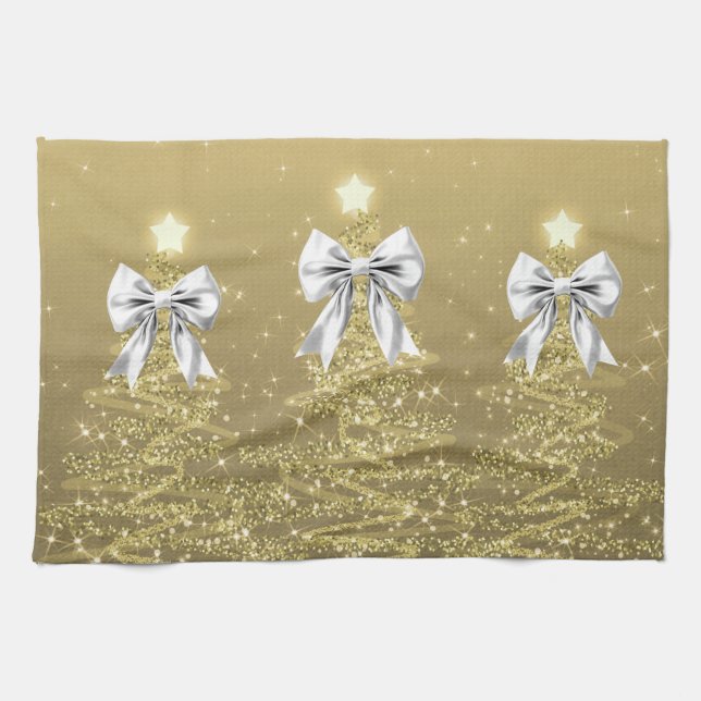Christmas Sparkling Trees Gold Faux Silver Bow  Kitchen Towel (Horizontal)