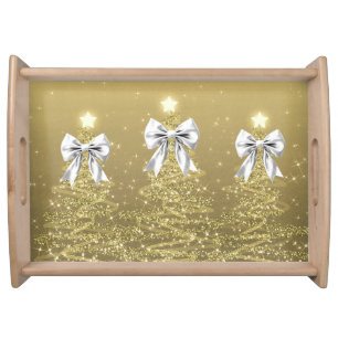 Christmas Sparkling Trees Gold Faux Silver Bow Serving Tray