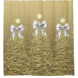 Christmas Sparkling Trees Gold Faux Silver Bow  Shower Curtain