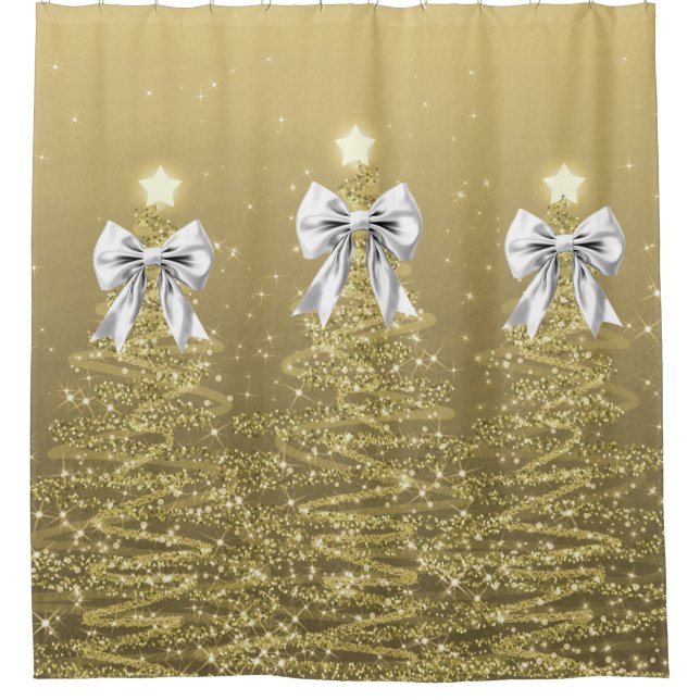 Christmas Sparkling Trees Gold Faux Silver Bow  Shower Curtain (Front)